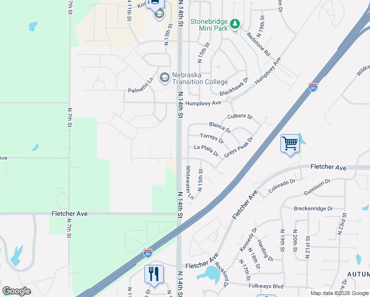 map of restaurants, bars, coffee shops, grocery stores, and more near 6455 Whitewater Lane in Lincoln