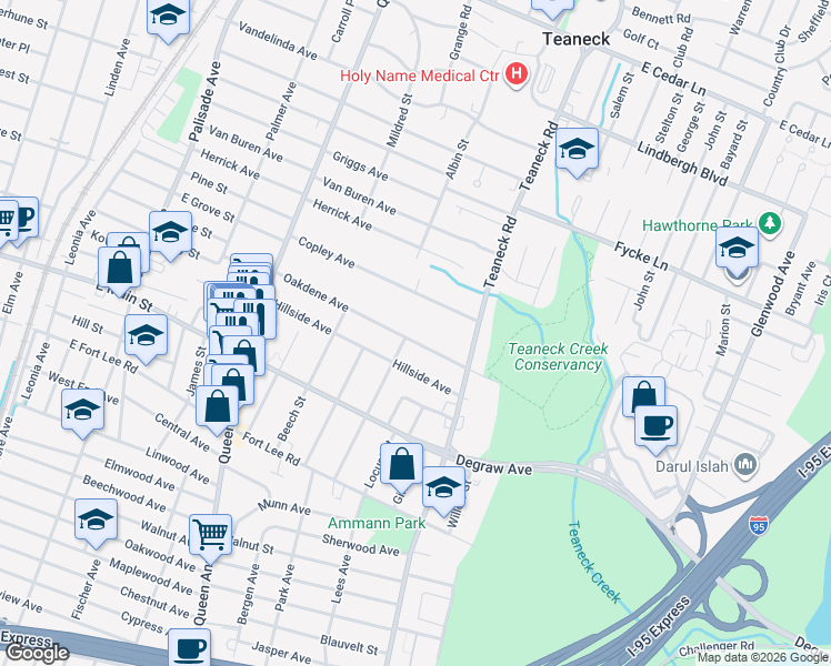 map of restaurants, bars, coffee shops, grocery stores, and more near 84 Copley Avenue in Teaneck