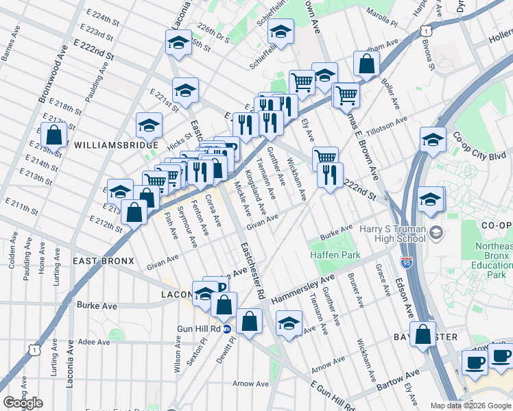 map of restaurants, bars, coffee shops, grocery stores, and more near 3337 Tiemann Avenue in Bronx