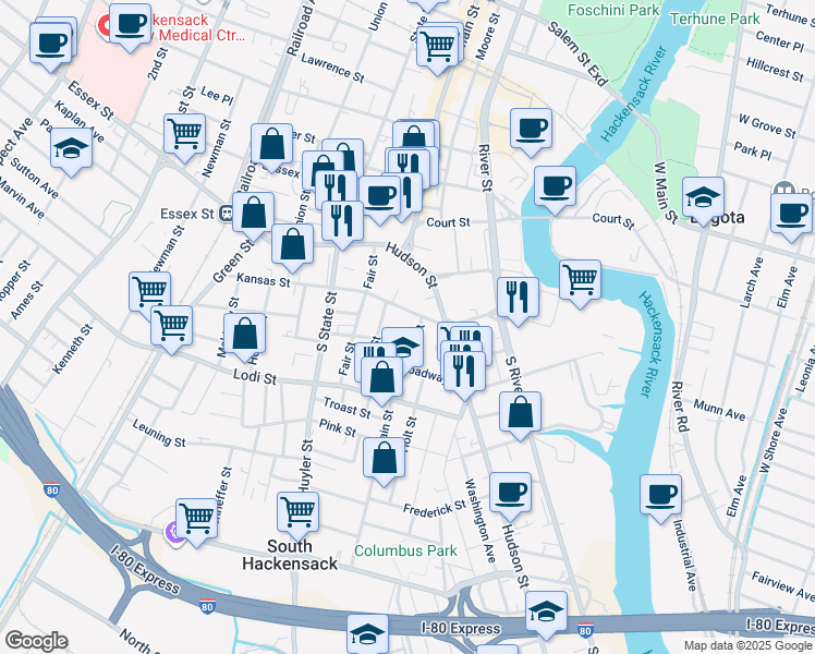 map of restaurants, bars, coffee shops, grocery stores, and more near 32 Kansas Street in Hackensack