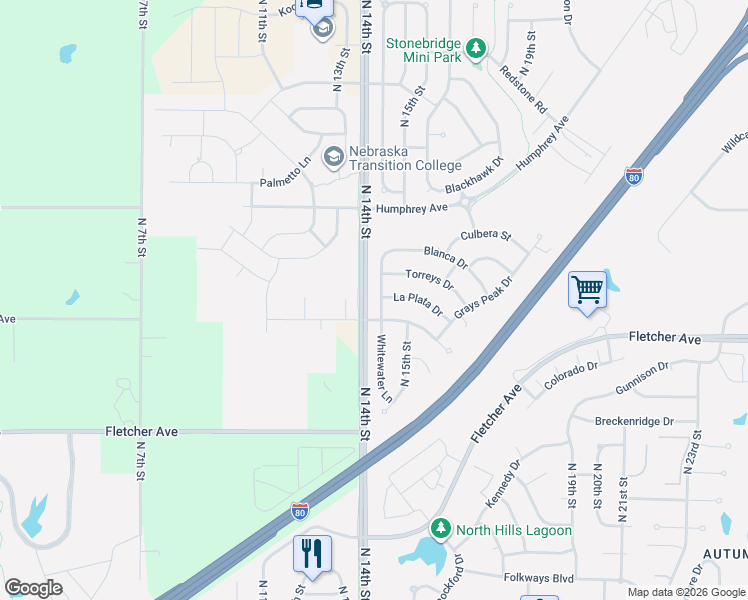 map of restaurants, bars, coffee shops, grocery stores, and more near 6455 Whitewater Lane in Lincoln