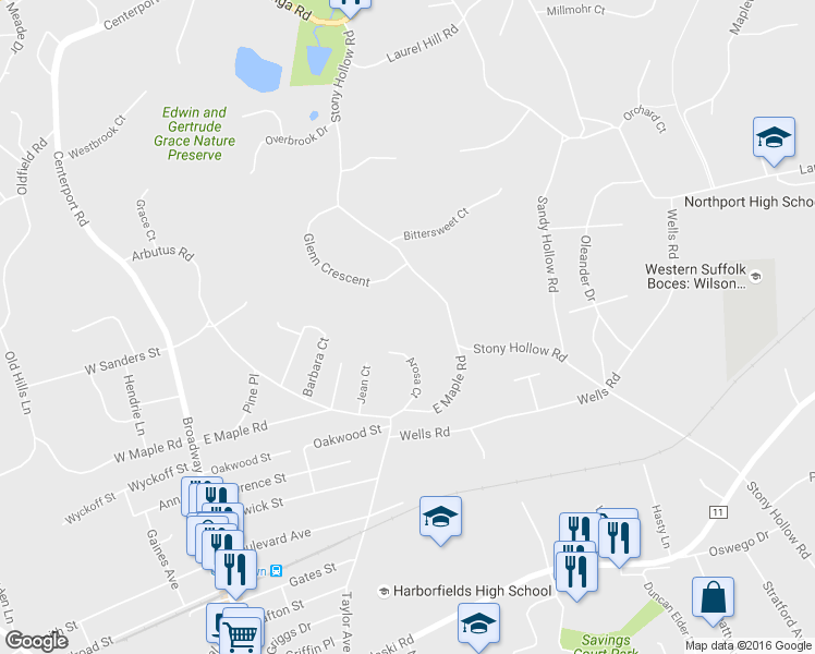 map of restaurants, bars, coffee shops, grocery stores, and more near 20 Arosa Court in Greenlawn