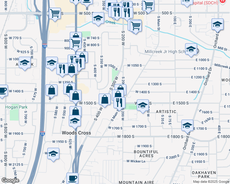 map of restaurants, bars, coffee shops, grocery stores, and more near 1316 South 200 West in Bountiful