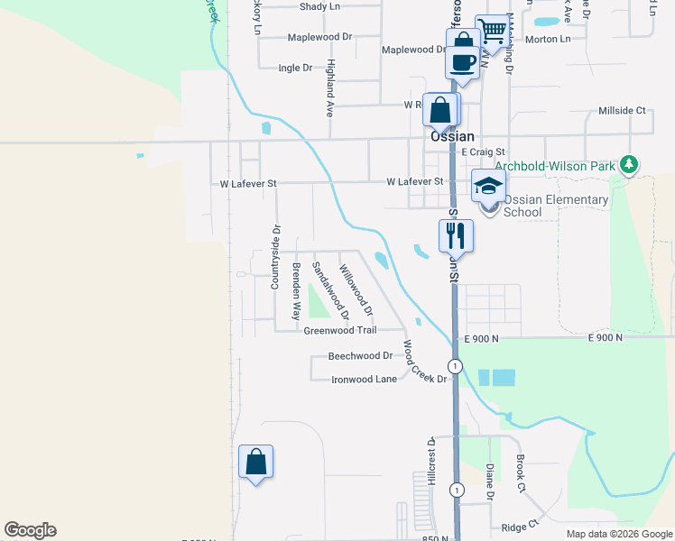 map of restaurants, bars, coffee shops, grocery stores, and more near 401-415 W Woodcreek Dr in Ossian