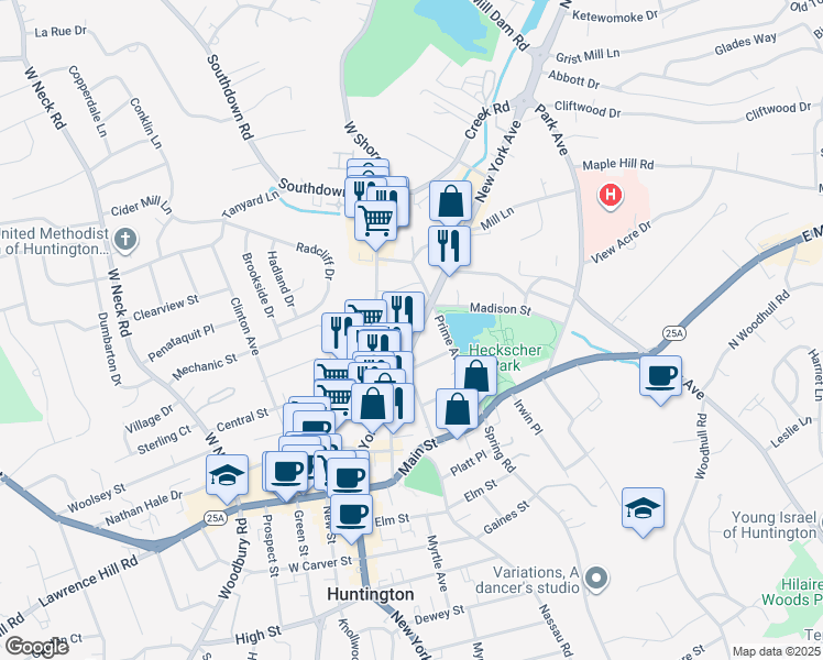 map of restaurants, bars, coffee shops, grocery stores, and more near 171 New York Avenue in Huntington