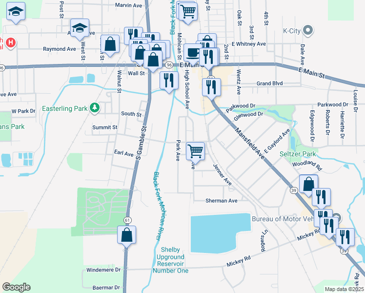 map of restaurants, bars, coffee shops, grocery stores, and more near 41 Park Avenue in Shelby