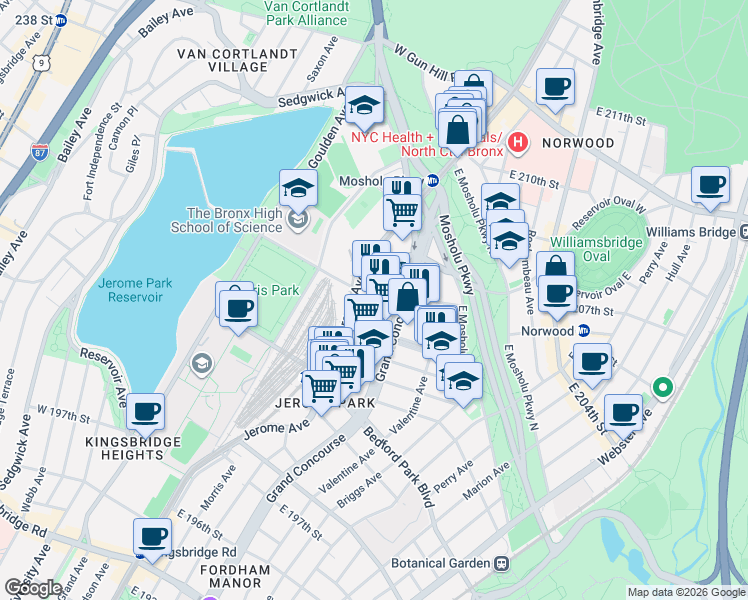 map of restaurants, bars, coffee shops, grocery stores, and more near in Bronx