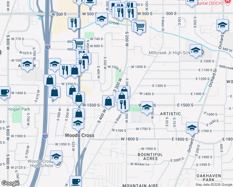 map of restaurants, bars, coffee shops, grocery stores, and more near 1302 South 200 West in Bountiful