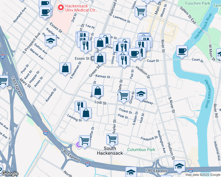 map of restaurants, bars, coffee shops, grocery stores, and more near 51 Cleveland Street in Hackensack