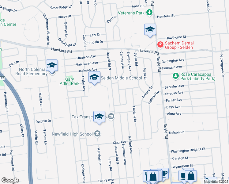 map of restaurants, bars, coffee shops, grocery stores, and more near 63 Ruland Road North in Selden