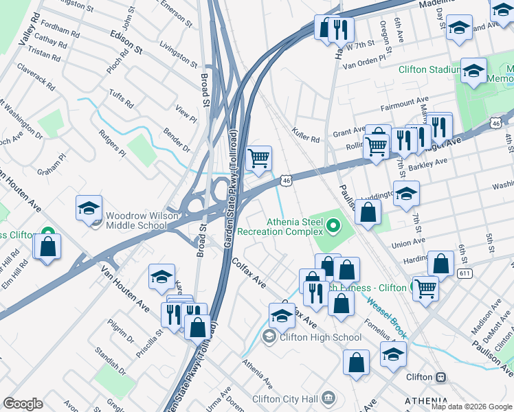 map of restaurants, bars, coffee shops, grocery stores, and more near 709 U.S. 46 in Clifton