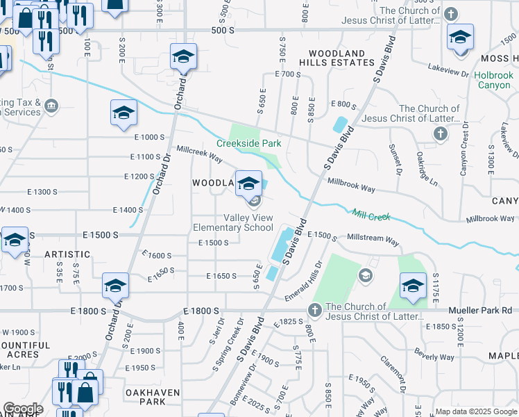 map of restaurants, bars, coffee shops, grocery stores, and more near 1395 South 600 East in Bountiful