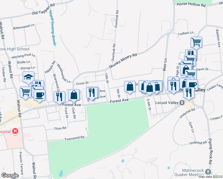 map of restaurants, bars, coffee shops, grocery stores, and more near 152 North Street in Locust Valley