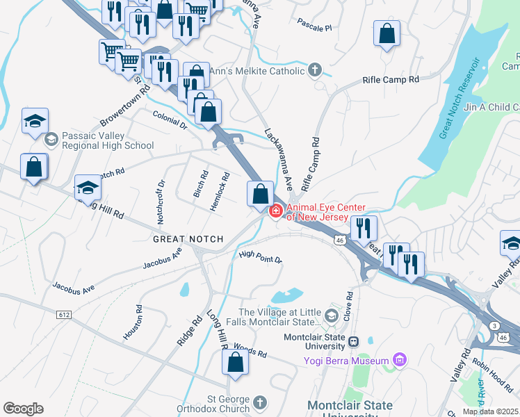 map of restaurants, bars, coffee shops, grocery stores, and more near Rustic Ridge Road in Little Falls