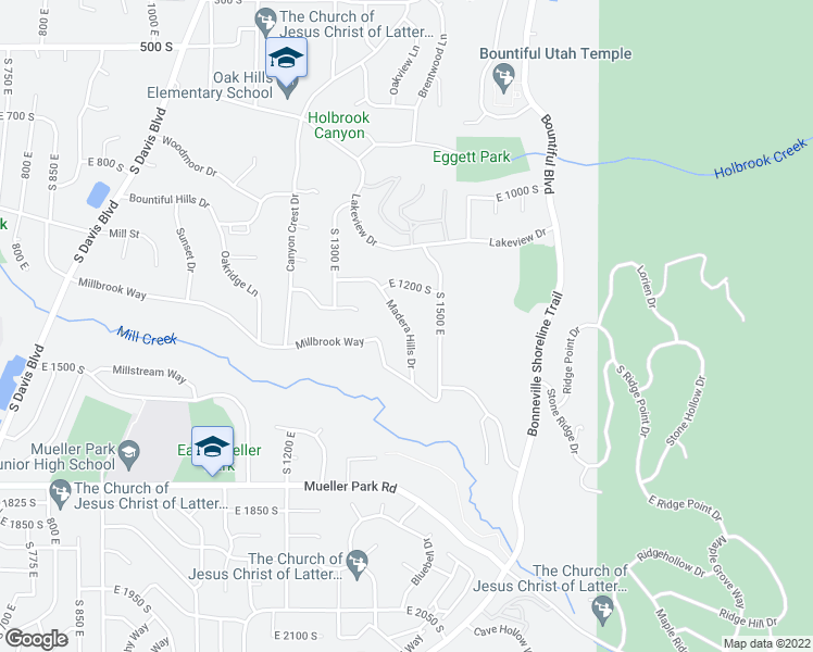 map of restaurants, bars, coffee shops, grocery stores, and more near Madera Hills Drive in Bountiful