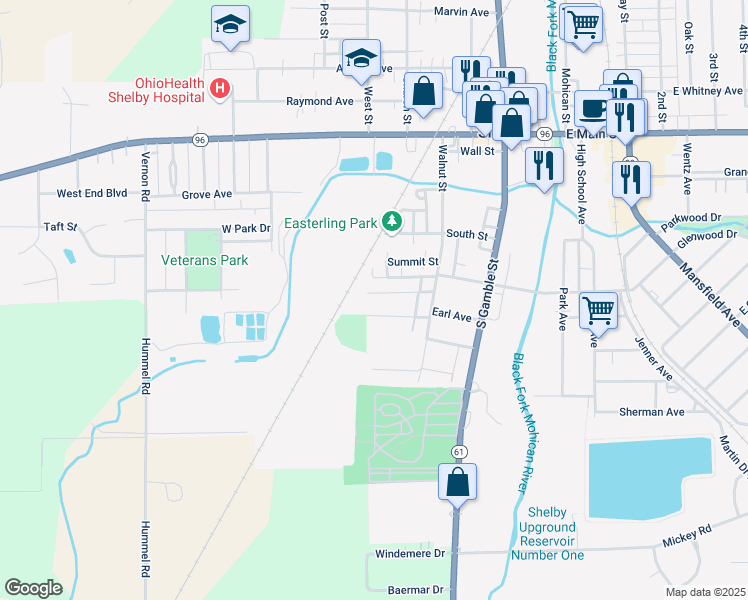 map of restaurants, bars, coffee shops, grocery stores, and more near 63 E Tucker Ave in Shelby