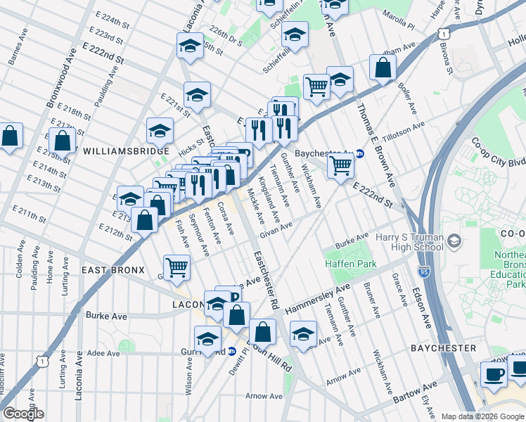 map of restaurants, bars, coffee shops, grocery stores, and more near 1600 Tillotson Avenue in Bronx