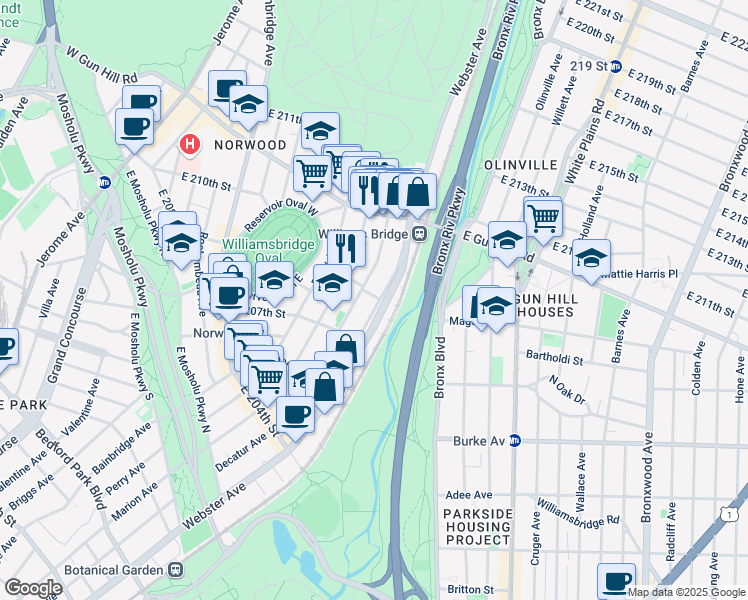 map of restaurants, bars, coffee shops, grocery stores, and more near in The Bronx