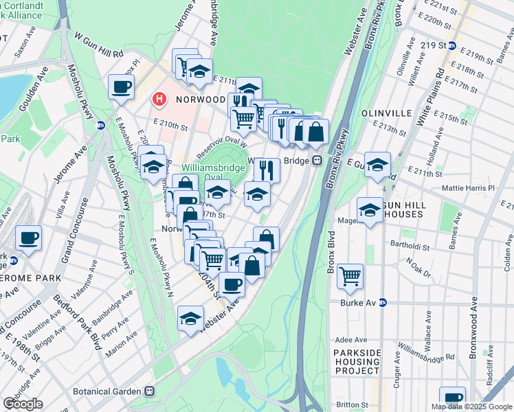 map of restaurants, bars, coffee shops, grocery stores, and more near 3287 Hull Avenue in The Bronx