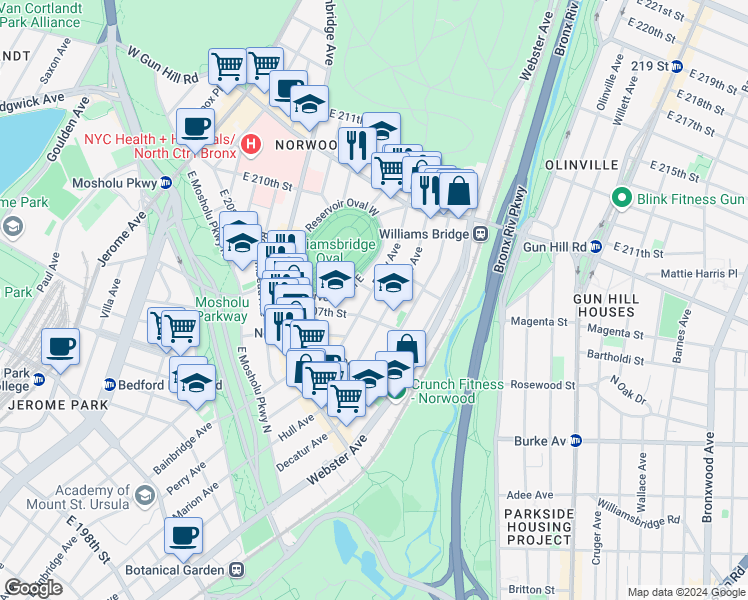 map of restaurants, bars, coffee shops, grocery stores, and more near 3288 Holt Place in The Bronx