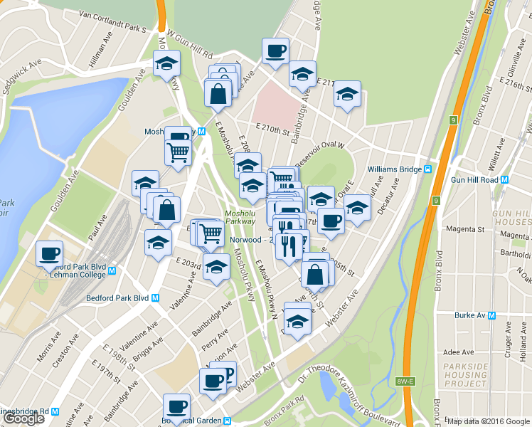 map of restaurants, bars, coffee shops, grocery stores, and more near 230 Van Cortlandt Avenue East in Bronx