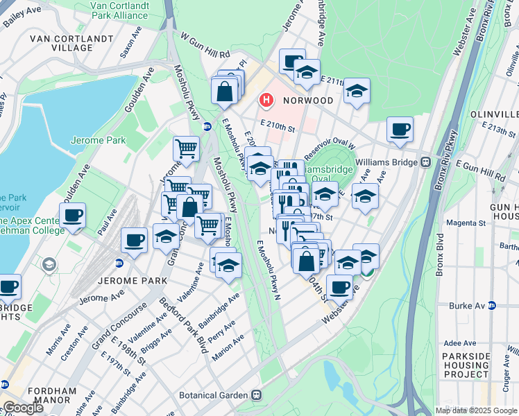 map of restaurants, bars, coffee shops, grocery stores, and more near 230 Van Cortlandt Avenue East in Bronx