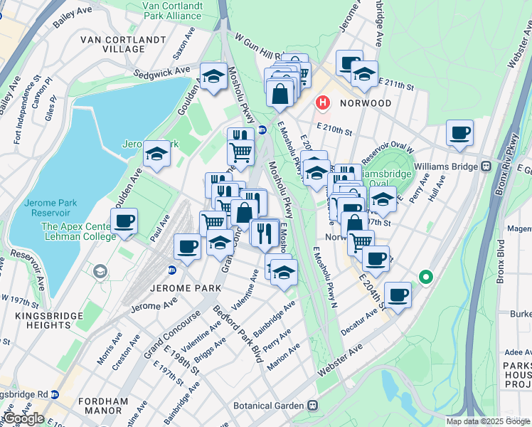 map of restaurants, bars, coffee shops, grocery stores, and more near 100 East Mosholu Parkway South in Bronx