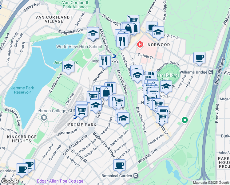 map of restaurants, bars, coffee shops, grocery stores, and more near 100 East Mosholu Parkway South in Bronx