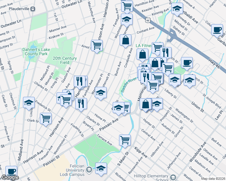 map of restaurants, bars, coffee shops, grocery stores, and more near 55 Corabelle Avenue in Lodi