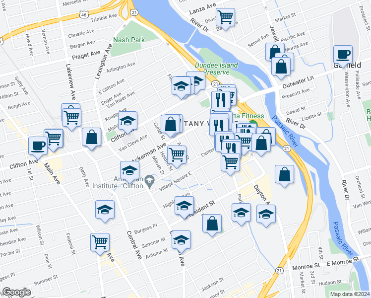map of restaurants, bars, coffee shops, grocery stores, and more near 38 Harrison Place in Clifton