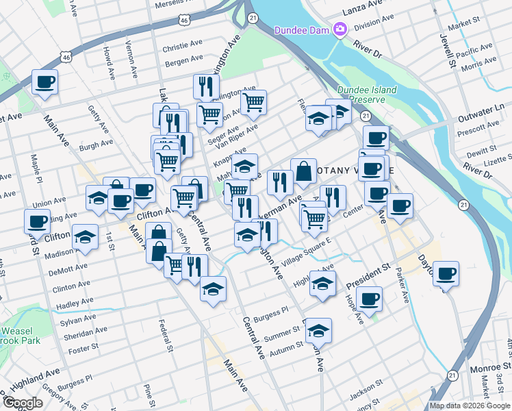 map of restaurants, bars, coffee shops, grocery stores, and more near 25 Van Cleve Avenue in Clifton