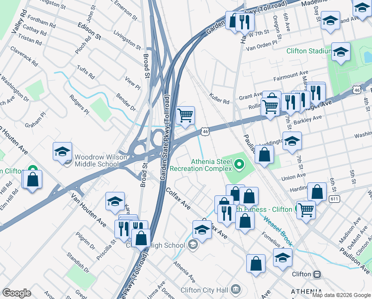 map of restaurants, bars, coffee shops, grocery stores, and more near 709 U.S. 46 in Clifton