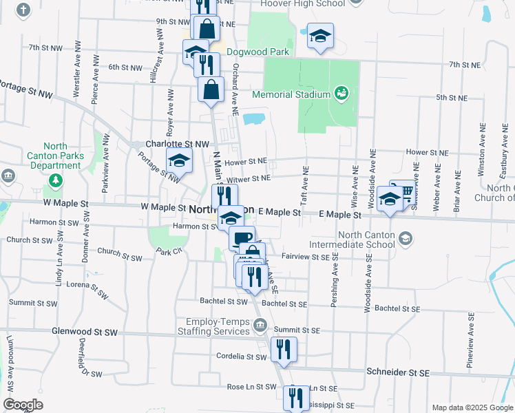 map of restaurants, bars, coffee shops, grocery stores, and more near 101 East Maple Street in North Canton