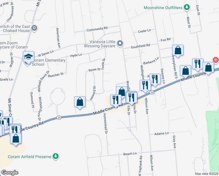 map of restaurants, bars, coffee shops, grocery stores, and more near 6 Hayden Court in Coram