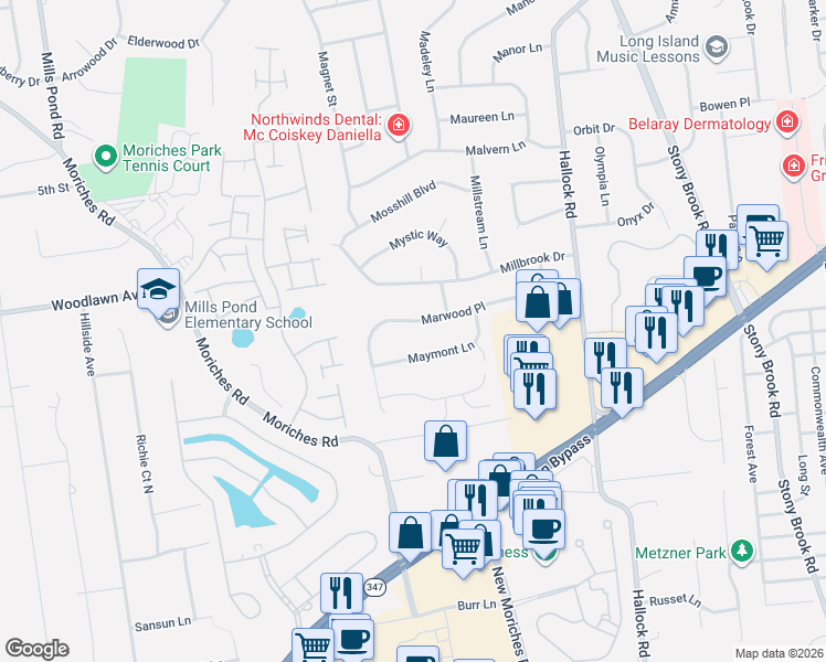 map of restaurants, bars, coffee shops, grocery stores, and more near 29 Marwood Place in Stony Brook