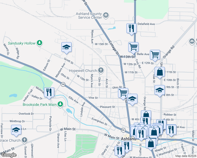 map of restaurants, bars, coffee shops, grocery stores, and more near 1020 Elm Street in Ashland