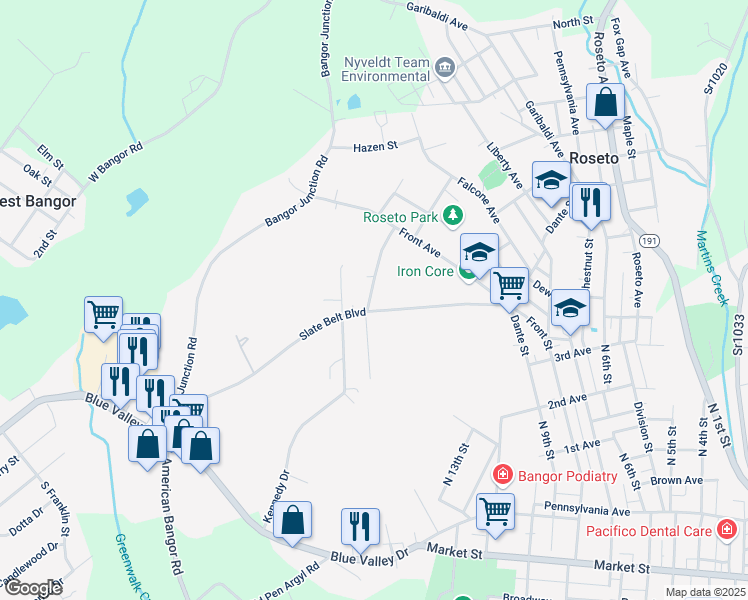map of restaurants, bars, coffee shops, grocery stores, and more near 123 Eisenhower Boulevard in Bangor