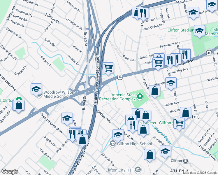 map of restaurants, bars, coffee shops, grocery stores, and more near 709 U.S. 46 in Clifton