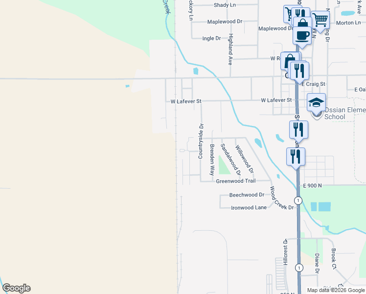 map of restaurants, bars, coffee shops, grocery stores, and more near 408 Countryside Drive in Ossian