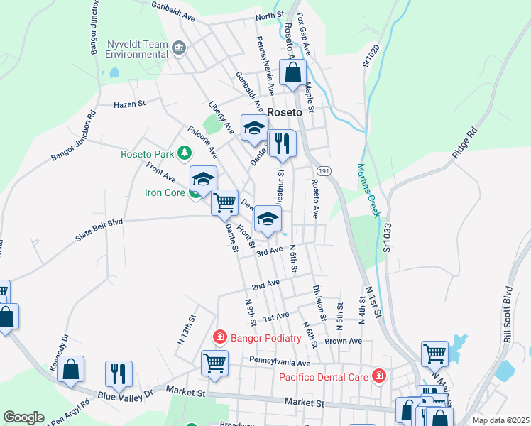 map of restaurants, bars, coffee shops, grocery stores, and more near 34 Dewey Street in Roseto