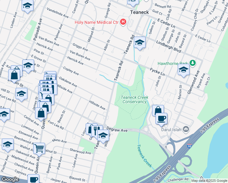 map of restaurants, bars, coffee shops, grocery stores, and more near 493 Teaneck Road in Teaneck