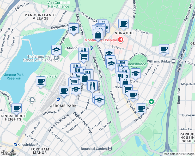 map of restaurants, bars, coffee shops, grocery stores, and more near 100 East Mosholu Parkway South in Bronx