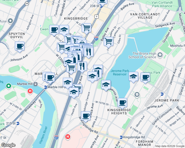 map of restaurants, bars, coffee shops, grocery stores, and more near in The Bronx