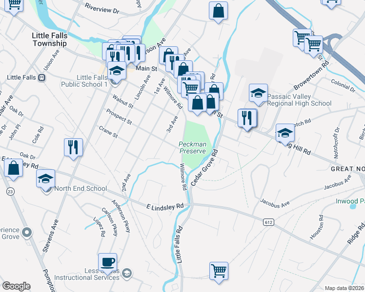map of restaurants, bars, coffee shops, grocery stores, and more near 105 Wilmore Road in Little Falls