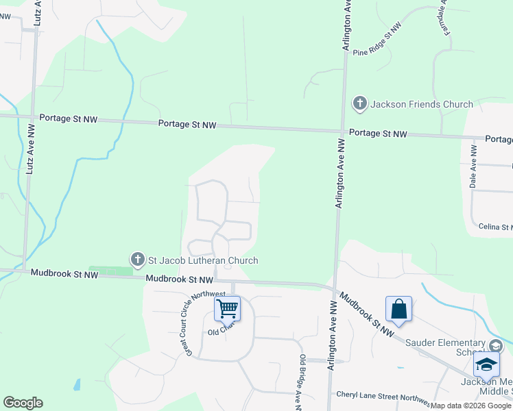 map of restaurants, bars, coffee shops, grocery stores, and more near 6583 Woodbridge Circle in Massillon