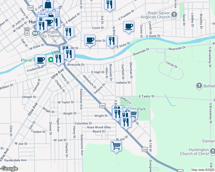 map of restaurants, bars, coffee shops, grocery stores, and more near 398 Indiana Street in Huntington