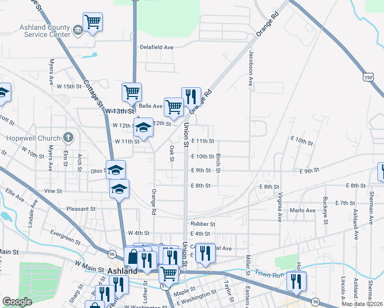 map of restaurants, bars, coffee shops, grocery stores, and more near 1019 Union Street in Ashland