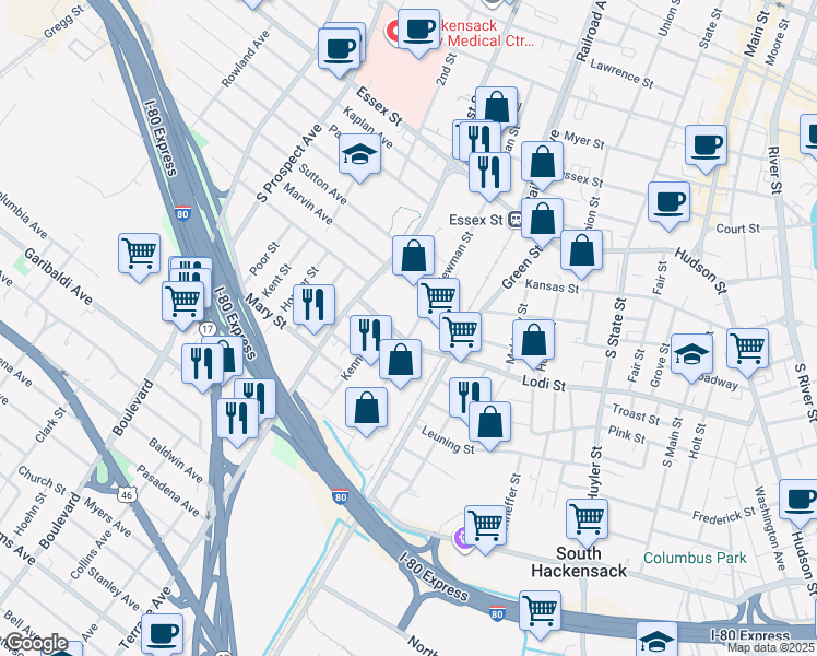 map of restaurants, bars, coffee shops, grocery stores, and more near 131 South Newman Street in Hackensack