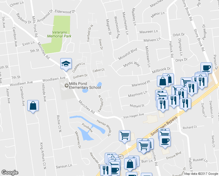 map of restaurants, bars, coffee shops, grocery stores, and more near 602 Bentley Court in Saint James