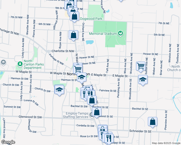 map of restaurants, bars, coffee shops, grocery stores, and more near 101 East Maple Street in North Canton